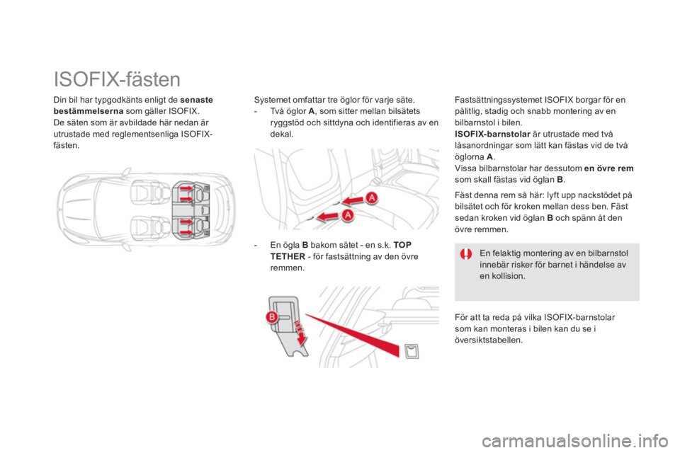 CITROEN DS5 2013 InstruktionsbÖcker (in Swedish) Din bil har typgodkänts enligt de senastebestämmelsernasom gäller ISOFIX.
De säten som är avbildade här nedan är
utrustade med reglementsenliga ISOFIX-fästen.
CITROEN DS5 2013 InstruktionsbÖcker (in Swedish) Din bil har typgodkänts enligt de senastebestämmelsernasom gäller ISOFIX.
De säten som är avbildade här nedan är
utrustade med reglementsenliga ISOFIX-fästen.
