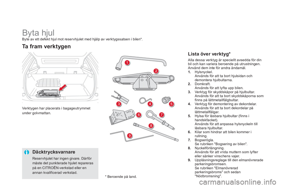 CITROEN DS5 2013  InstruktionsbÖcker (in Swedish)    
 
 
 
 
 
 
 
 
 
Byta hjul Byte av ett defekt hjul mot reservhjulet med hjälp av verktygssatsen i bilen * 
. 
Verktygen har placerats i bagageutrymmet
under 
golvmattan.
Ta  f r a m  v e r k tyg