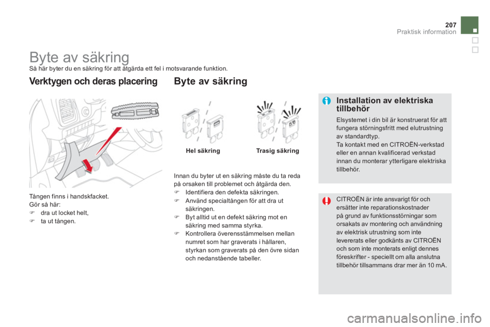 CITROEN DS5 2013  InstruktionsbÖcker (in Swedish) 207
Praktisk information
   
 
 
 
 
 
 
 
 
 
 
 
 
 
 
 
 
 
 
 
Byte av säkring  
Så här byter du en säkring för att åtgärda ett fel i motsvarande funktion. 
  Tå n
gen finns i handskfacket