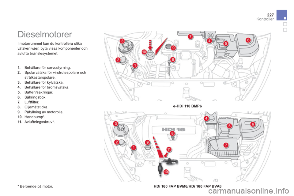 CITROEN DS5 2013  InstruktionsbÖcker (in Swedish) 227Kontroller
 I motorrummet kan du kontrollera olika 
vätskenivåer, b
yta vissa komponenter och 
avlufta bränslesystemet. 
   
*  
 Beroende på motor.  
 
 
 
 
 
 
 
 
 
 
 
 
 
 
 
Dieselmotore