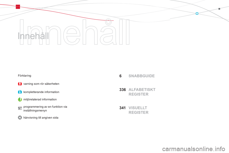 CITROEN DS5 2013  InstruktionsbÖcker (in Swedish)   Innehåll 
   
Innehåll  
6 SNABBGUIDE
33
6  ALFABETISKT 
REGISTER
34
1  VISUELLT 
REGISTER
Förklaring 
varning som r
ör säkerheten
kom
pletterande information
mil
jörelaterad information  
pro