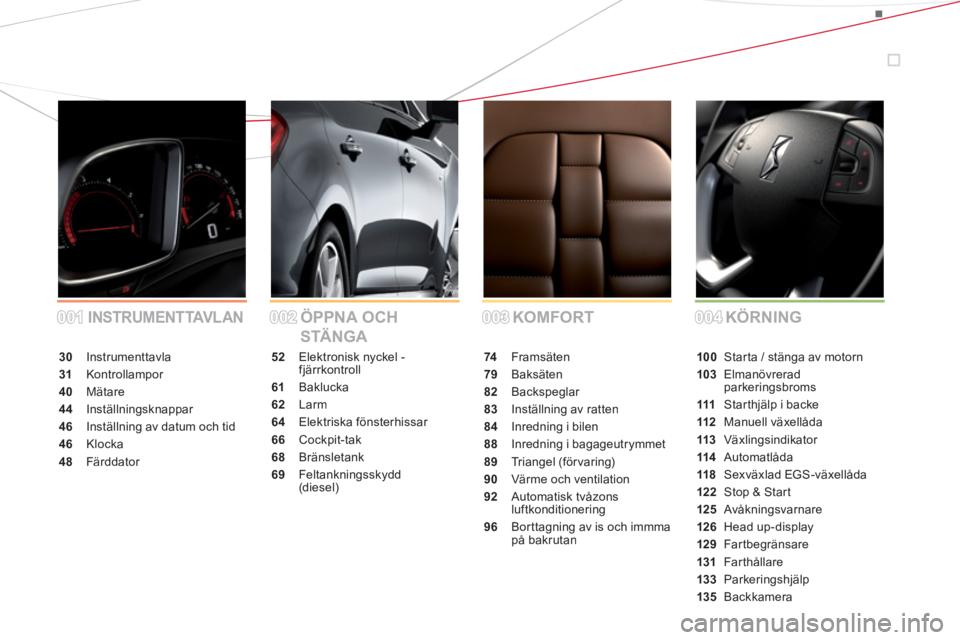 CITROEN DS5 2013 InstruktionsbÖcker (in Swedish) 001001002002003003004004 KOMFORT ÖPPNA OCH
STÄNGAINSTRUMENTTAVLANKÖRNING
30 Instrumenttavla
31 Kontrollampor
40Mätare
44Inställningsknappar
46 Inställning av datum och tid
46 Klocka
48 Färddat CITROEN DS5 2013 InstruktionsbÖcker (in Swedish) 001001002002003003004004 KOMFORT ÖPPNA OCH
STÄNGAINSTRUMENTTAVLANKÖRNING
30 Instrumenttavla
31 Kontrollampor
40Mätare
44Inställningsknappar
46 Inställning av datum och tid
46 Klocka
48 Färddat