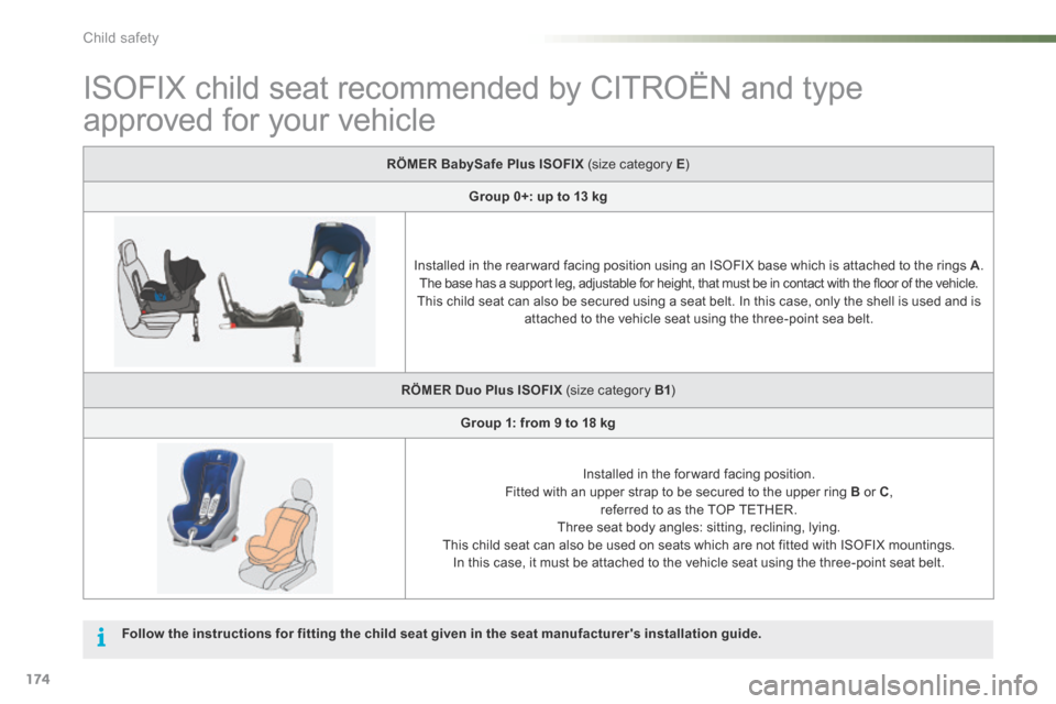 Citroen C5 RHD 2016 (RD/TD) / 2.G User Guide 174
ISOFIX child seat recommended by CITROËN and type 
approved for your vehicle
RÖMER BabySafe Plus ISOFIX (size category E)
Group 0+: up to 13 kg
Installed in the rear ward facing position using a