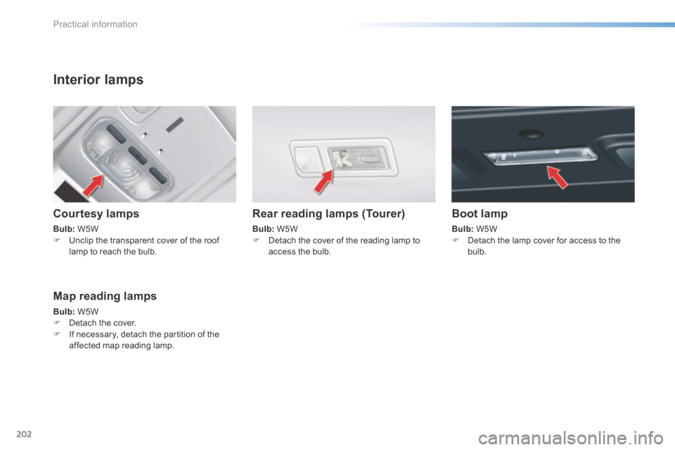 Citroen C5 RHD 2016 (RD/TD) / 2.G Owners Guide 202
Interior lamps
Courtesy lamps
Bulb: W5W
F Unclip the transparent cover of the roof
lamp to reach the bulb.
Rear reading lamps (Tourer)
Bulb: W5W
F Detach the cover of the reading lamp to
acce Citroen C5 RHD 2016 (RD/TD) / 2.G Owners Guide 202
Interior lamps
Courtesy lamps
Bulb: W5W
F Unclip the transparent cover of the roof
lamp to reach the bulb.
Rear reading lamps (Tourer)
Bulb: W5W
F Detach the cover of the reading lamp to
acce
