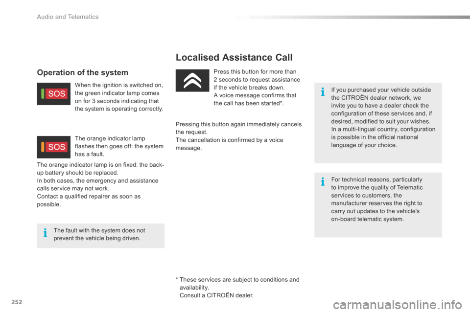 Citroen C5 RHD 2016 (RD/TD) / 2.G Owners Guide 252
Localised Assistance Call
If you purchased your vehicle outside
the CITROËN dealer network, we
invite you to have a dealer check the
configuration of these services and, if
desired, modified Citroen C5 RHD 2016 (RD/TD) / 2.G Owners Guide 252
Localised Assistance Call
If you purchased your vehicle outside
the CITROËN dealer network, we
invite you to have a dealer check the
configuration of these services and, if
desired, modified