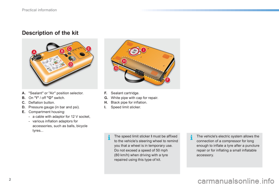 Citroen C5 RHD 2016 (RD/TD) / 2.G Owners Manual Practical information
2
Description of the kit
A.
"Sealant" or "Air" position selector.
B.
On "I"
/ off "O"
switch.
C.
Deflation button.
D.
Pressure gauge (in Citroen C5 RHD 2016 (RD/TD) / 2.G Owners Manual Practical information
2
Description of the kit
A.
"Sealant" or "Air" position selector.
B.
On "I"
/ off "O"
switch.
C.
Deflation button.
D.
Pressure gauge (in