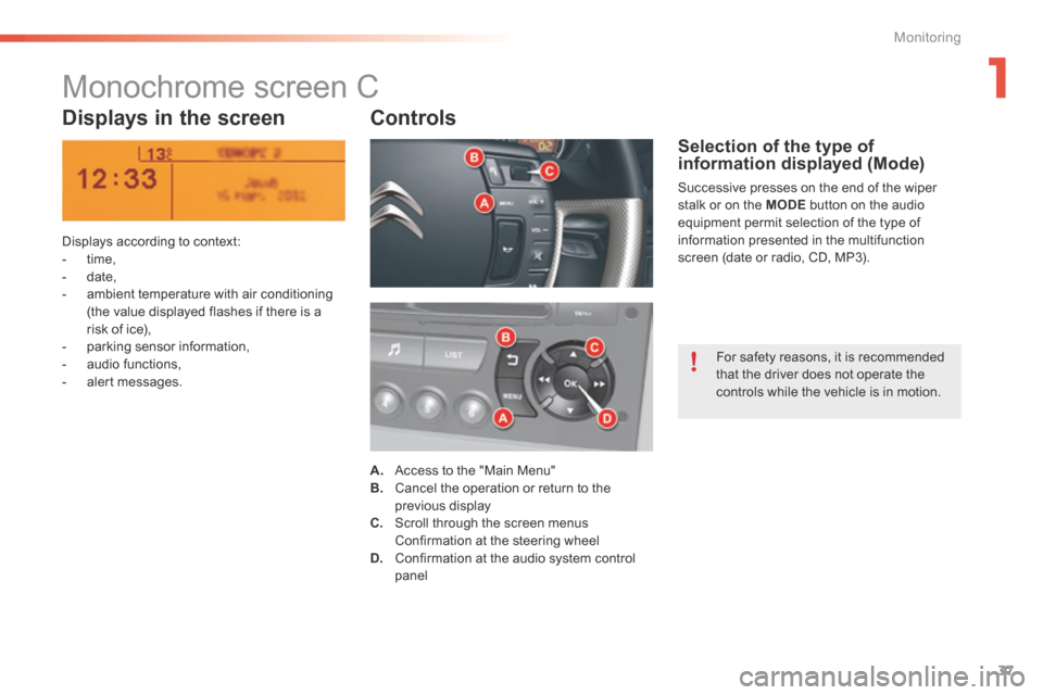 Citroen C5 RHD 2016 (RD/TD) / 2.G Owners Manual 37
Monochrome screen C
Displays in the screenControls
Displays according to context:
- time,
-   date,
-  ambient temperature with air conditioning 
(the value displayed flashes if there is a 
risk of
