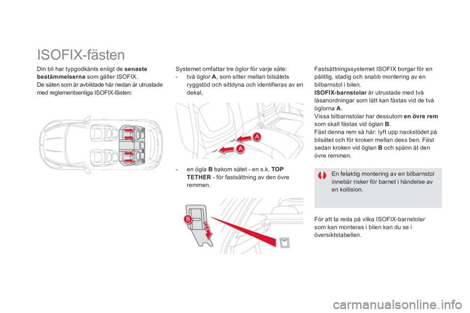 CITROEN DS5 2012 InstruktionsbÖcker (in Swedish) Din bil har typgodkänts enligt de senastebestämmelsernasom gäller ISOFIX.
De säten som är avbildade här nedan är utrustade med reglementsenliga ISOFIX-fästen:
IS CITROEN DS5 2012 InstruktionsbÖcker (in Swedish) Din bil har typgodkänts enligt de senastebestämmelsernasom gäller ISOFIX.
De säten som är avbildade här nedan är utrustade med reglementsenliga ISOFIX-fästen:
IS