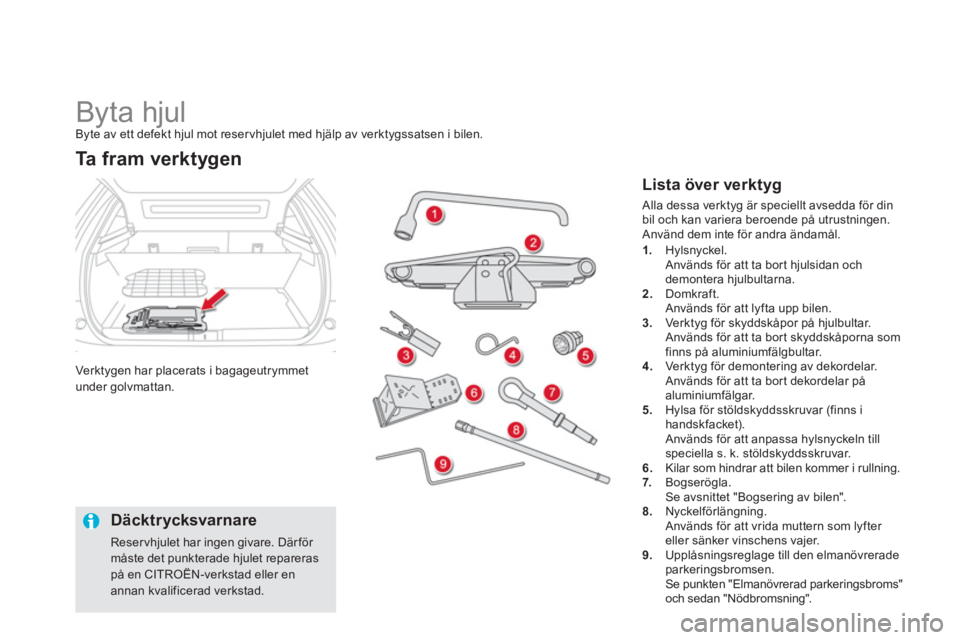 CITROEN DS5 2012  InstruktionsbÖcker (in Swedish)    
 
 
 
 
 
 
 
 
 
Byta hjul Byte av ett defekt hjul mot reservhjulet med hjälp av verktygssatsen i bilen. 
Verktygen har placerats i bagageutrymmet
under 
golvmattan.
Ta  f r a m  v e r k tygen 

