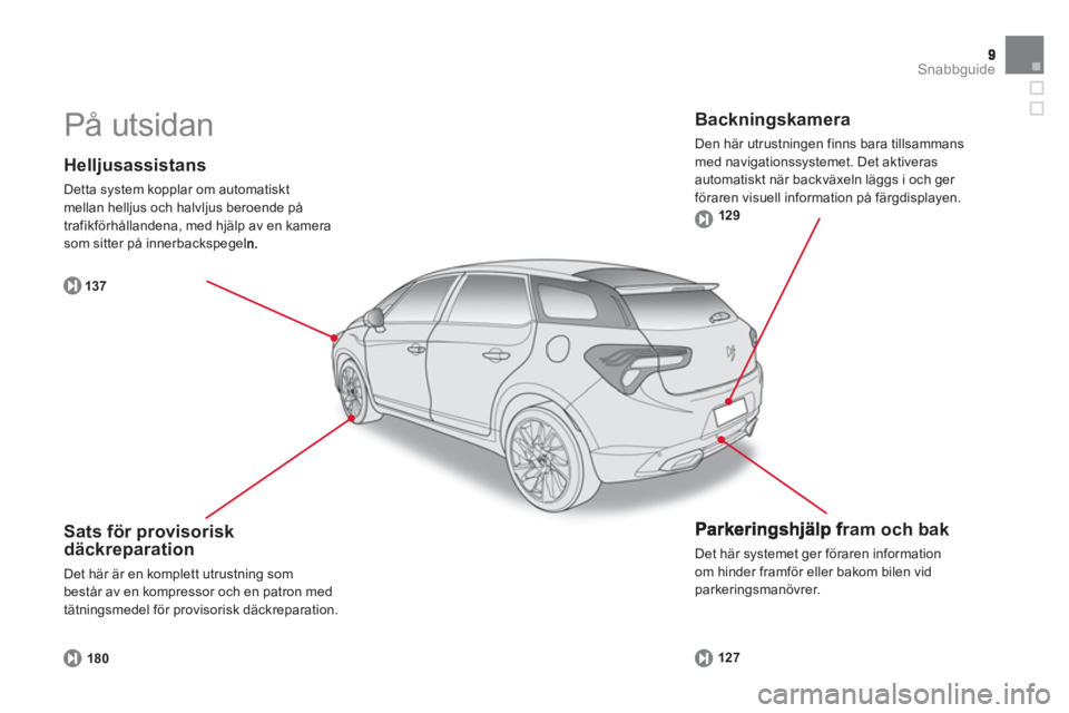 CITROEN DS5 2011  InstruktionsbÖcker (in Swedish) Snabbguide
   
Helljusassistans 
 
Detta system kopplar om automatisktmellan helljus och halvljus beroende på
trafikförhållandena, med hjälp av en kamerasom sitter på innerbackspege
137
   
Parke