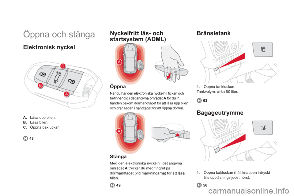 CITROEN DS5 2011  InstruktionsbÖcker (in Swedish)   Öppna och stänga 
1. 
 Öppna tankluckan.  
  Ta n k v o lym: cirka 60 liter. 
 
 
Bränsletank 
63
 
 
Öppna
 
När du har den elektroniska nyckeln i fickan och befinner dig i det angivna områd