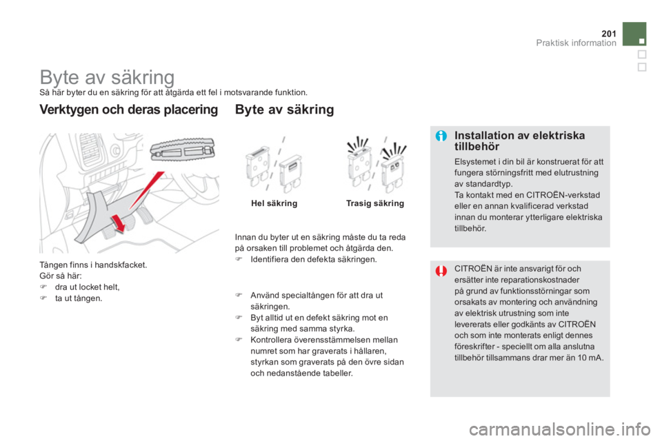 CITROEN DS5 2011  InstruktionsbÖcker (in Swedish) 201Praktisk information
   
 
 
 
 
 
 
 
 
 
 
 
 
 
 
 
 
 
 
 
Byte av säkring  
Så här byter du en säkring för att åtgärda ett fel i motsvarande funktion. 
  Tå n
gen finns i handskfacket.