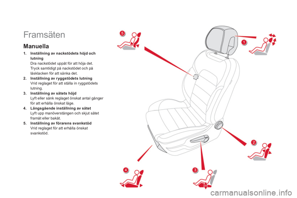 CITROEN DS5 2011 InstruktionsbÖcker (in Swedish)
Framsäten
Manuella
1.Inställning av nackstödets höjd ochlutningDra nackstödet uppåt för att höja det.
Tryck samtidigt på nackstödet och på låsklacken för a CITROEN DS5 2011 InstruktionsbÖcker (in Swedish)
Framsäten
Manuella
1.Inställning av nackstödets höjd ochlutningDra nackstödet uppåt för att höja det.
Tryck samtidigt på nackstödet och på låsklacken för a