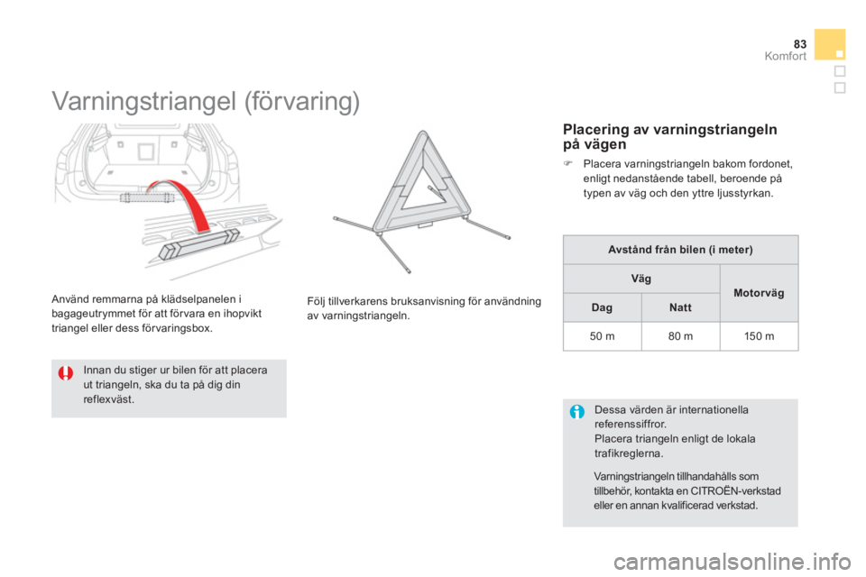CITROEN DS5 2011  InstruktionsbÖcker (in Swedish) 83Komfor t
   
 
 
 
 
 
 
 
 
 
Varningstriangel (förvaring) 
 
 
Innan du stiger ur bilen för att placeraut triangeln, ska du ta på dig dinreflexväst.  Föl
j tillverkarens bruksanvisning för a