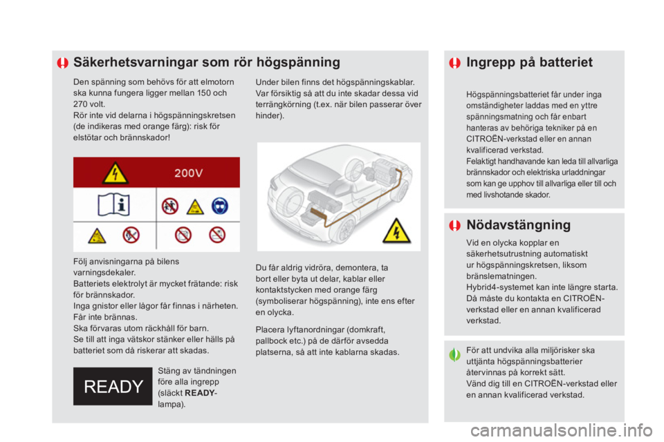 CITROEN DS5 HYBRID 2016 InstruktionsbÖcker (in Swedish)
Säkerhetsvarningar som rör högspänning
Den spänning som behövs för att elmotorn
ska kunna fungera ligger mellan 150 och
270 volt.
Rör inte vid delarna i CITROEN DS5 HYBRID 2016 InstruktionsbÖcker (in Swedish)
Säkerhetsvarningar som rör högspänning
Den spänning som behövs för att elmotorn
ska kunna fungera ligger mellan 150 och
270 volt.
Rör inte vid delarna i