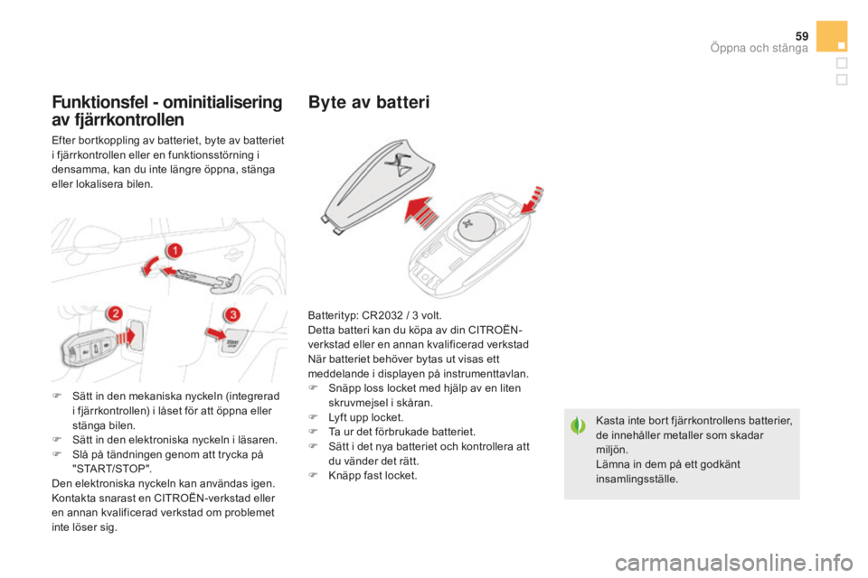 CITROEN DS5 HYBRID 2016  InstruktionsbÖcker (in Swedish) 59
DS5_sv_Chap02_ouvertures_ed02-2015
Kasta inte bort fjärrkontrollens batterier, 
de innehåller metaller som skadar 
miljön.
Lämna in dem på ett godkänt 
insamlingsställe.
Byte av batteri
Batt