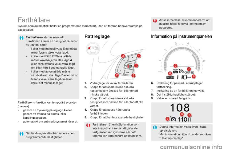 CITROEN DS5 HYBRID 2015 InstruktionsbÖcker (in Swedish) DS5_sv_Chap04_conduite_ed01-2015
Farthållaren är en hjälpfunktion som
inte i något fall innebär att gällande
fartgränser kan ignoreras eller att
föraren kan vara mindre uppmärksam.
Farthå CITROEN DS5 HYBRID 2015 InstruktionsbÖcker (in Swedish) DS5_sv_Chap04_conduite_ed01-2015
Farthållaren är en hjälpfunktion som
inte i något fall innebär att gällande
fartgränser kan ignoreras eller att
föraren kan vara mindre uppmärksam.
Farthå