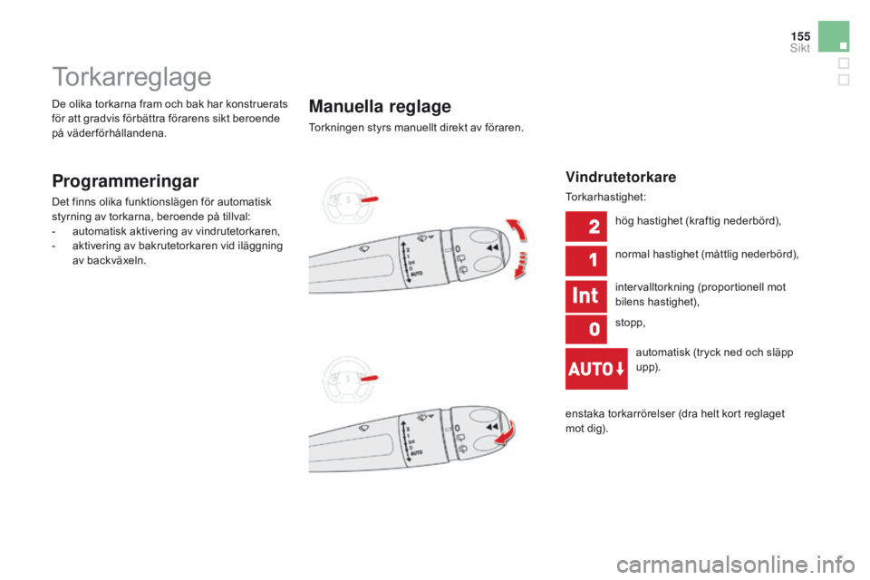 CITROEN DS5 HYBRID 2015 InstruktionsbÖcker (in Swedish) 155
DS5_sv_Chap05_visibilite_ed01-2015
Torkarreglage
Programmeringar
Det finns olika funktionslägen för automatisk
styrning av torkarna, beroende på tillval:
-
a
utomatisk aktivering av vindrute CITROEN DS5 HYBRID 2015 InstruktionsbÖcker (in Swedish) 155
DS5_sv_Chap05_visibilite_ed01-2015
Torkarreglage
Programmeringar
Det finns olika funktionslägen för automatisk
styrning av torkarna, beroende på tillval:
-
a
utomatisk aktivering av vindrute