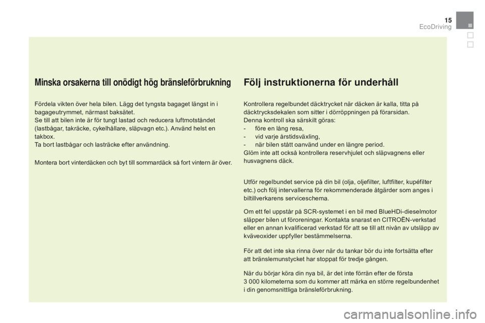 CITROEN DS5 HYBRID 2015 InstruktionsbÖcker (in Swedish) 15
DS5_sv_Chap00c_eco-conduite_ed01-2015
Minska orsakerna till onödigt hög bränsleförbrukning
Fördela vikten över hela bilen. Lägg det tyngsta bagaget längst in i
bagageutrymmet, närmast bak CITROEN DS5 HYBRID 2015 InstruktionsbÖcker (in Swedish) 15
DS5_sv_Chap00c_eco-conduite_ed01-2015
Minska orsakerna till onödigt hög bränsleförbrukning
Fördela vikten över hela bilen. Lägg det tyngsta bagaget längst in i
bagageutrymmet, närmast bak