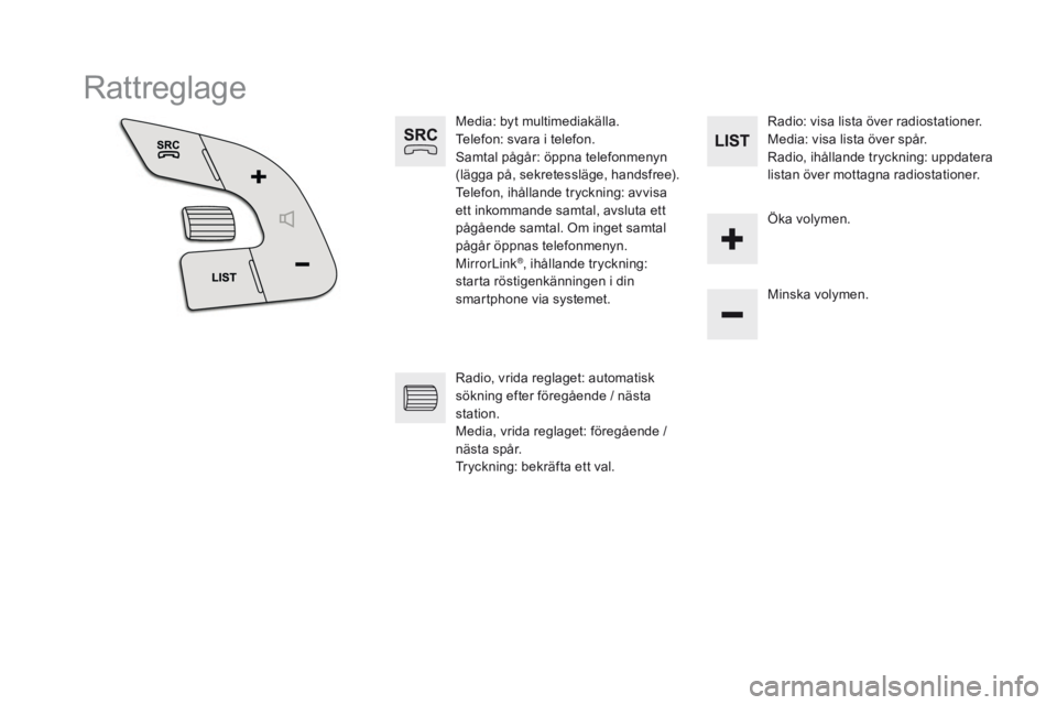 CITROEN DS5 HYBRID 2015  InstruktionsbÖcker (in Swedish) DS5_sv_Chap11c_SMEGplus_ed01-2015
Rattreglage
Media: byt multimediakälla.
Telefon: svara i telefon.
Samtal pågår: öppna telefonmenyn 
(lägga på, sekretessläge, handsfree).
Telefon, ihållande t