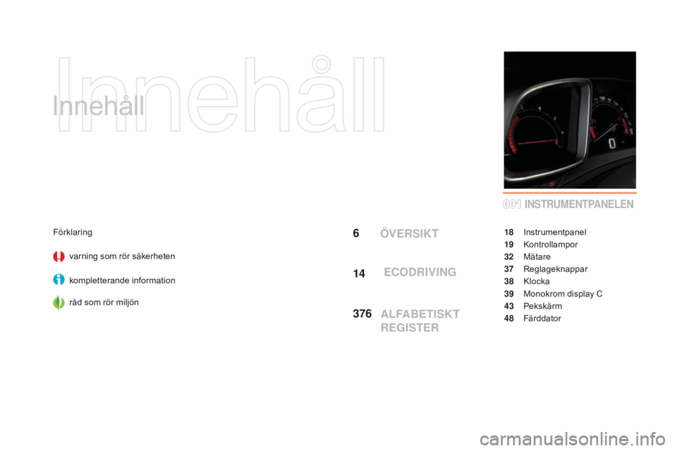 CITROEN DS5 HYBRID 2015  InstruktionsbÖcker (in Swedish) 001
DS5_sv_Chap00a_sommaire_ed01-2015
Innehåll
6
14
376
INSTRUMENTPANELEN
Förklaringvarning som rör säkerheten
kompletterande information
råd som rör miljön 18 I
nstrumentpanel
19
 K

ontrollam