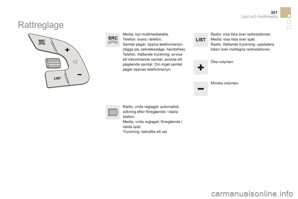 CITROEN DS5 HYBRID 2015 InstruktionsbÖcker (in Swedish) 351
DS5_sv_Chap11d_rD5_ed01-2015
Rattreglage
Media: byt multimediakälla.
Telefon: svara i telefon.
Samtal pågår: öppna telefonmenyn
(lägga på, sekretessläge, handsfree).
Telefon, ihållande tr CITROEN DS5 HYBRID 2015 InstruktionsbÖcker (in Swedish) 351
DS5_sv_Chap11d_rD5_ed01-2015
Rattreglage
Media: byt multimediakälla.
Telefon: svara i telefon.
Samtal pågår: öppna telefonmenyn
(lägga på, sekretessläge, handsfree).
Telefon, ihållande tr
