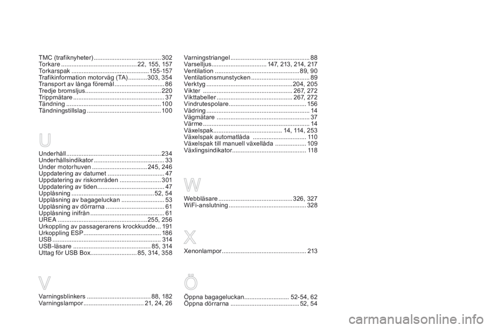 CITROEN DS5 HYBRID 2015 InstruktionsbÖcker (in Swedish) DS5_sv_Chap12_index-recherche_ed01-2015
Webbläsare ........................................... 326, 327
WiFi-anslutning ............................................. 32
8
Underhåll ................. CITROEN DS5 HYBRID 2015 InstruktionsbÖcker (in Swedish) DS5_sv_Chap12_index-recherche_ed01-2015
Webbläsare ........................................... 326, 327
WiFi-anslutning ............................................. 32
8
Underhåll .................