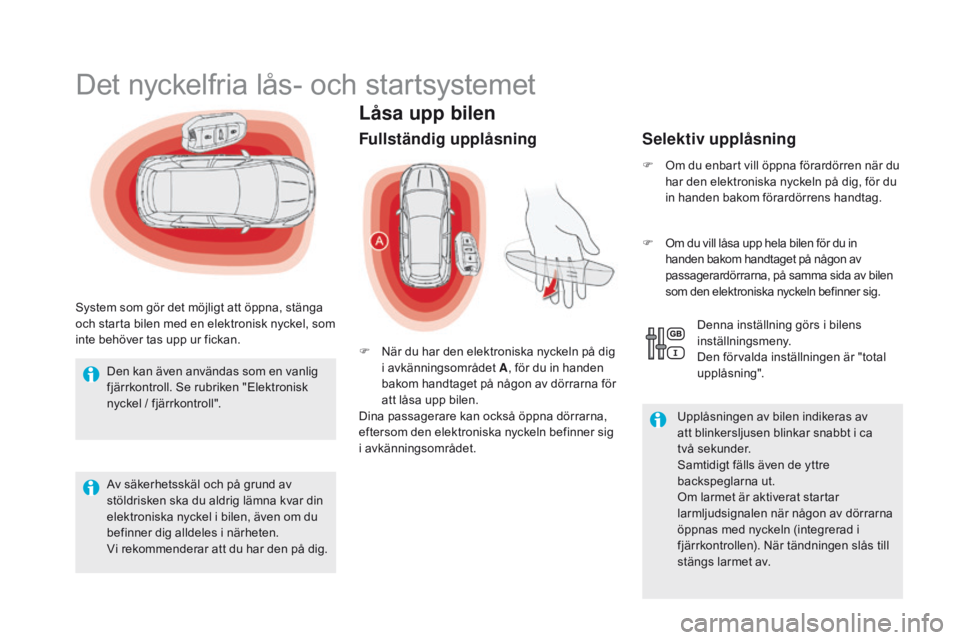 CITROEN DS5 HYBRID 2015  InstruktionsbÖcker (in Swedish) DS5_sv_Chap02_ouvertures_ed01-2015
Låsa upp bilen
Det nyckelfria lås- och startsystemet
System som gör det möjligt att öppna, stänga 
och starta bilen med en elektronisk nyckel, som 
inte behöv