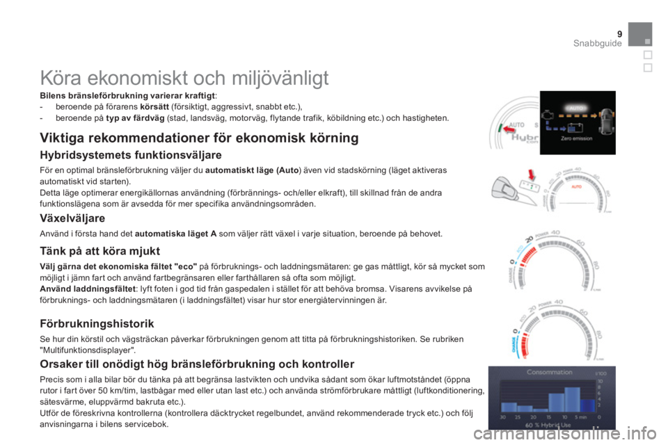 CITROEN DS5 HYBRID 2013  InstruktionsbÖcker (in Swedish) 9Snabbguide
   
 
 
 
 
Köra ekonomiskt och miljövänligt 
Bilensbränsleförbrukningvarierar kraftigt 
: 
   
 
-  beroende på förarens körsätt(försiktigt, aggressivt, snabbt etc.), 
   
-  be