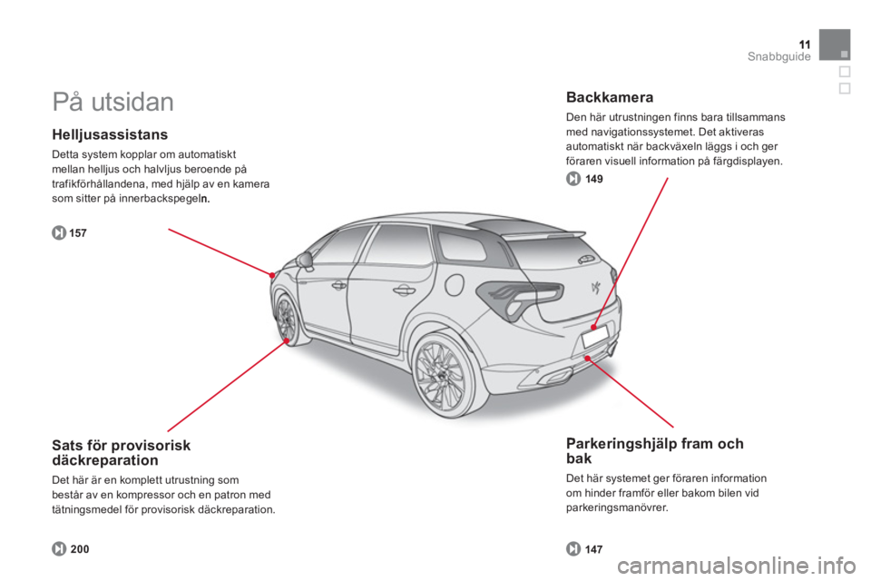 CITROEN DS5 HYBRID 2013  InstruktionsbÖcker (in Swedish) Snabbguide
   
Helljusassistans 
 
Detta system kopplar om automatisktmellan helljus och halvljus beroende på
trafikförhållandena, med hjälp av en kamerasom sitter på innerbackspege
157
   
Parke