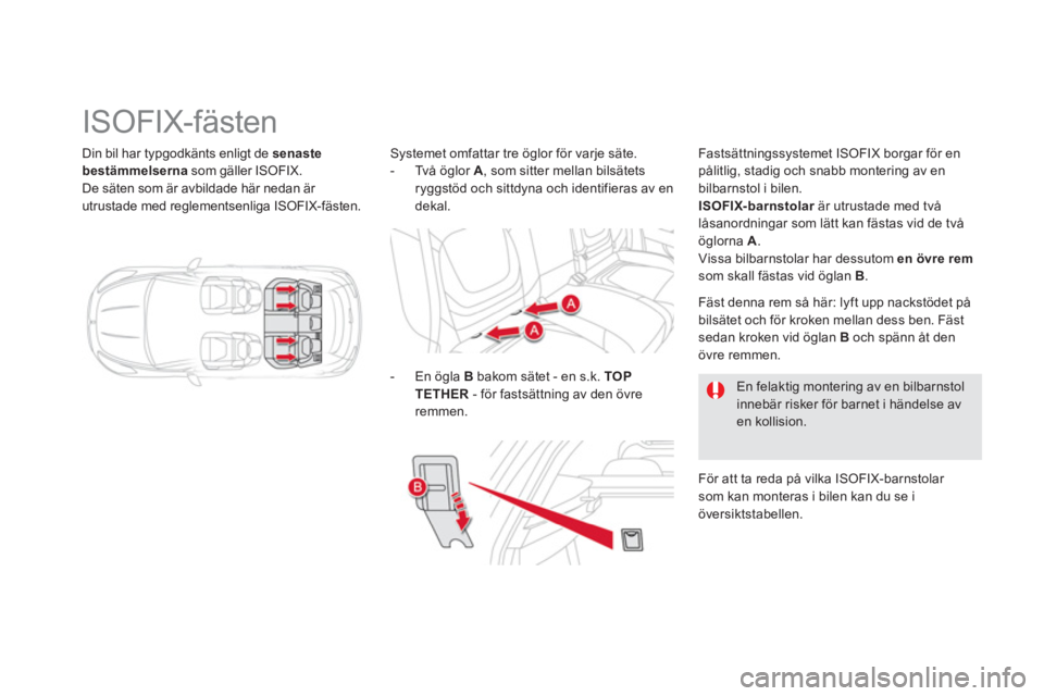 CITROEN DS5 HYBRID 2013 InstruktionsbÖcker (in Swedish) Din bil har typgodkänts enligt de senaste bestämmelserna
som gäller ISOFIX.
De säten som är avbildade här nedan är
utrustade med reglementsenliga ISOFIX-fästen.
CITROEN DS5 HYBRID 2013 InstruktionsbÖcker (in Swedish) Din bil har typgodkänts enligt de senaste bestämmelserna
som gäller ISOFIX.
De säten som är avbildade här nedan är
utrustade med reglementsenliga ISOFIX-fästen.