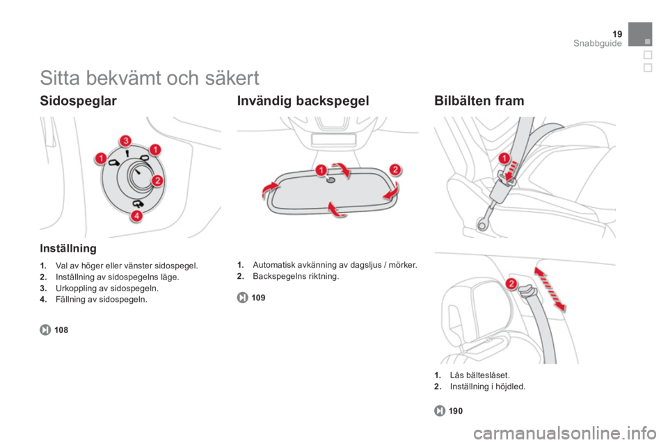 CITROEN DS5 HYBRID 2013  InstruktionsbÖcker (in Swedish) 19Snabbguide
  Sitta bekvämt och säkert 
 
 
Sidospeglar 
 
 Inställning
1. 
  Val av höger eller vänster sidospegel.2.Inställning av sidospegelns läge.3.Urkoppling av sidospegeln.
4. 
 Fällni