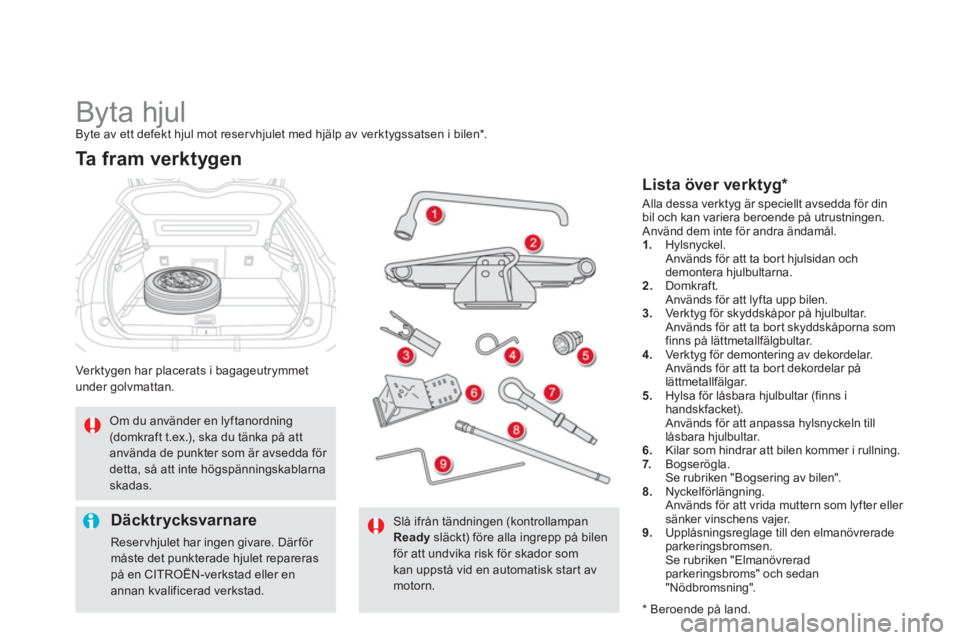 CITROEN DS5 HYBRID 2013  InstruktionsbÖcker (in Swedish)    
 
 
 
 
 
 
 
 
 
 
 
 
 
Byta hjul Byte av ett defekt hjul mot reservhjulet med hjälp av verktygssatsen i bilen * 
. 
Verktygen har placerats i bagageutrymmet
under 
golvmattan.
Ta  f r a m  v e