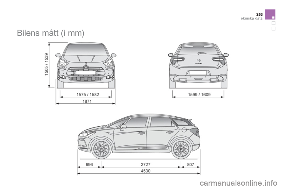 CITROEN DS5 HYBRID 2013  InstruktionsbÖcker (in Swedish) Te k n i s k a  d a t a
   
 
 
 
 
Bilens mått (i mm)  