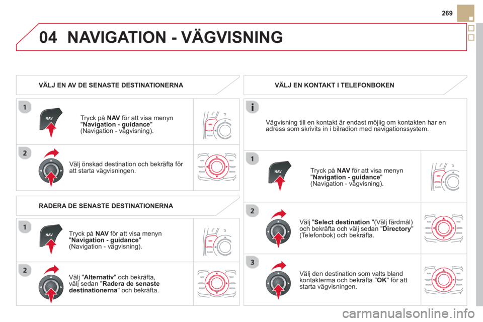 CITROEN DS5 HYBRID 2013 InstruktionsbÖcker (in Swedish) 04
269
NAVIGATION - VÄGVISNING
VÄLJ EN AV DE SENASTE DESTINATIONERNA
Tr
yck på NAV
för att visa menyn
"Navigation - guidance"(Navigation - vägvisning)
.
Väl
j önskad destinatio CITROEN DS5 HYBRID 2013 InstruktionsbÖcker (in Swedish) 04
269
NAVIGATION - VÄGVISNING
VÄLJ EN AV DE SENASTE DESTINATIONERNA
Tr
yck på NAV
för att visa menyn
"Navigation - guidance"(Navigation - vägvisning)
.
Väl
j önskad destinatio
