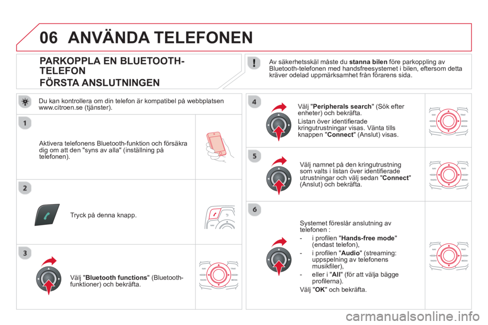 CITROEN DS5 HYBRID 2013  InstruktionsbÖcker (in Swedish) 06
   
 
 
 
 
 
 
 
 
 
 
 
 
 
 
PARKOPPLA EN BLUETOOTH-
TELEFON  
FÖRSTA ANSLUTNINGEN    
Av säkerhetsskäl måste du stanna bilen 
 före parkoppling av 
Bluetooth-telefonen med handsfreesysteme