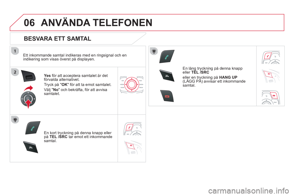 CITROEN DS5 HYBRID 2013 InstruktionsbÖcker (in Swedish) 06
SR
C
SR
C
ANVÄNDA TELEFONEN
BESVARA ETT SAMTAL
Ett inkommande samtal indikeras med en ringsignal och en
indikering som visas överst på displayen.
Yes
för att acceptera samtalet ä CITROEN DS5 HYBRID 2013 InstruktionsbÖcker (in Swedish) 06
SR
C
SR
C
ANVÄNDA TELEFONEN
BESVARA ETT SAMTAL
Ett inkommande samtal indikeras med en ringsignal och en
indikering som visas överst på displayen.
Yes
för att acceptera samtalet ä