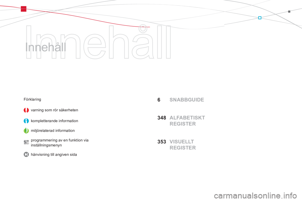 CITROEN DS5 HYBRID 2013  InstruktionsbÖcker (in Swedish)   Innehåll 
   
Innehåll  
6 SNABBGUIDE
34
8  ALFABETISKT 
REGISTER
35
3  VISUELLT 
REGISTER
Förklaring 
varning som r
ör säkerheten
kom
pletterande information
mil
jörelaterad information  
pro