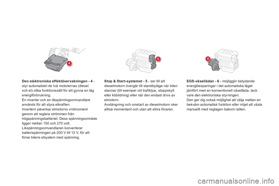 CITROEN DS5 HYBRID 2013  InstruktionsbÖcker (in Swedish) Denelektroniska effektövervakningen - 4-styr automatiskt de två motorernas (diesel
och el) olika funktionssätt för att gynna en låg
energiförbrukning.
En inverter och en likspänningsomvandlarea