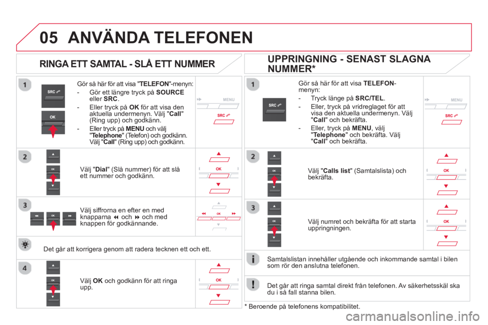CITROEN DS5 HYBRID 2013  InstruktionsbÖcker (in Swedish)  
  
05ANVÄNDA TELEFONEN 
Gör så här för att visa " TELEFON 
"-menyn: 
-   Gör ett län
gre tryck på SOURCEeller  SRC.
-  Eller tryck på OKför att visa den 
aktuella undermenyn. Välj "Call" 