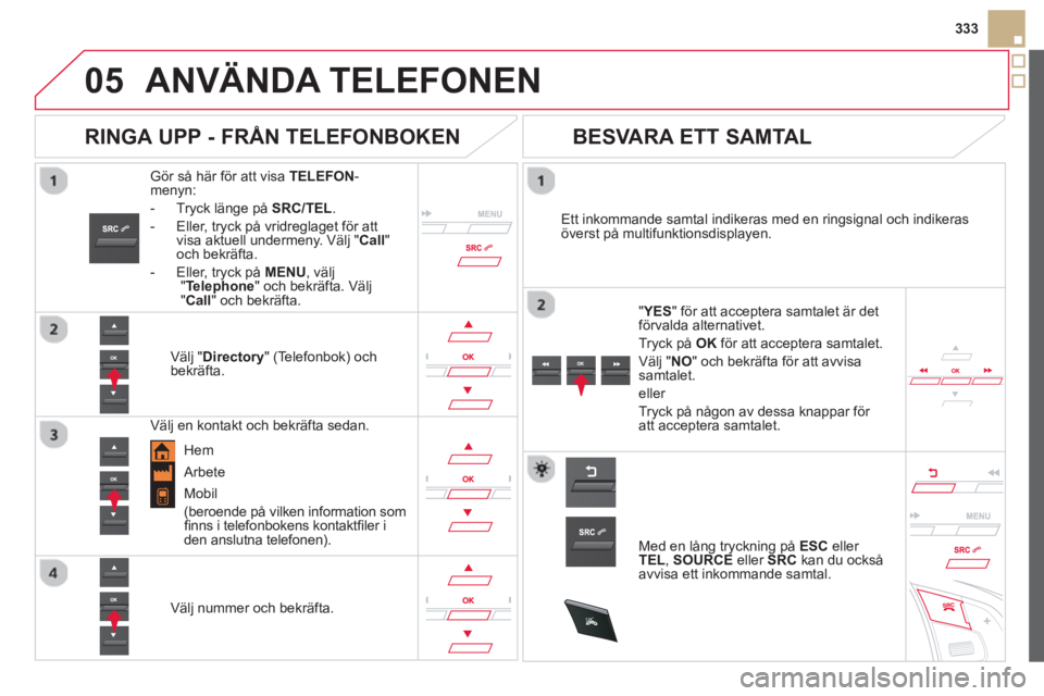 CITROEN DS5 HYBRID 2013  InstruktionsbÖcker (in Swedish)  
  
05
SRC
333
ANVÄNDA TELEFONEN 
Gör så här för att visa TELEFON-menyn: 
-  Tr
yck länge på SRC/TEL.
-  Eller, tryck på vridreglaget för att
visa aktuell undermeny. Välj "Call 
" och bekr�
