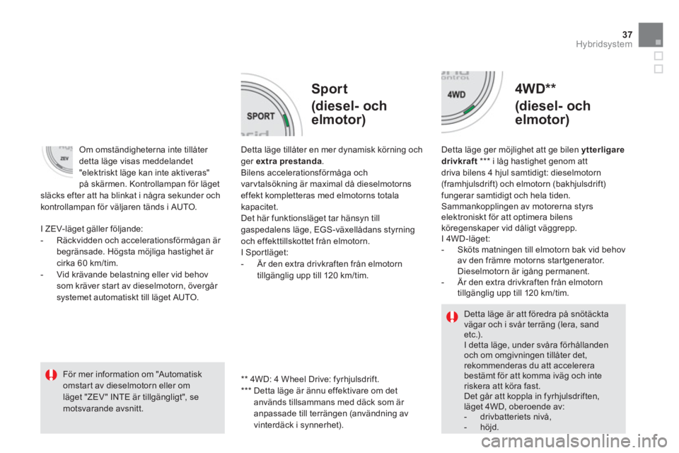 CITROEN DS5 HYBRID 2013  InstruktionsbÖcker (in Swedish) 37
Hybridsystem
   
Sport  
(diesel- och 
elmotor) 
4WD**
(diesel- och
elmotor)
Detta läge tillåter en mer dynamisk körning ochger  extra prestanda.Bilens accelerationsförmåga och 
varvtalsöknin