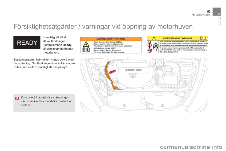 CITROEN DS5 HYBRID 2013 InstruktionsbÖcker (in Swedish) 53Hybridsystem
Försiktighetsåtgärder / varningar vid öppning av motorhuven
Startgeneratorn i hybridbilen matas också medhögspänning. Om tändningen inte är frånslagen
i bilen, CITROEN DS5 HYBRID 2013 InstruktionsbÖcker (in Swedish) 53Hybridsystem
Försiktighetsåtgärder / varningar vid öppning av motorhuven
Startgeneratorn i hybridbilen matas också medhögspänning. Om tändningen inte är frånslagen
i bilen,