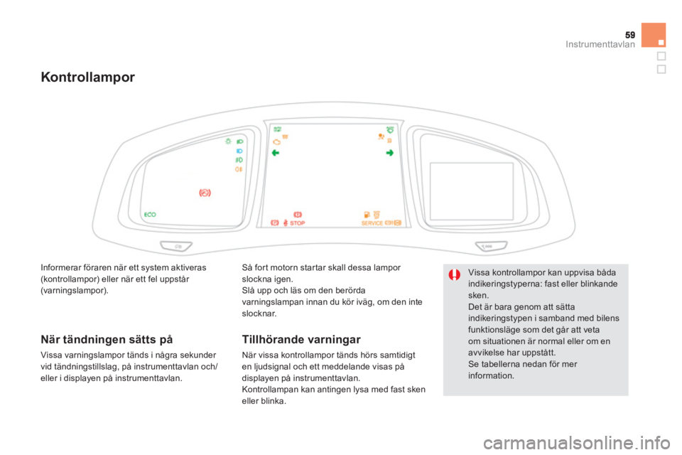 CITROEN DS5 HYBRID 2013  InstruktionsbÖcker (in Swedish) Instrumenttavlan
Kontrollampor 
Så for t motorn star tar skall dessa lampor 
slockna igen.
Slå upp och läs om den berörda
varningslampan innan du kör iväg, om den inte slocknar.  
Tillhörande v