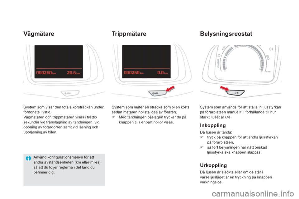 CITROEN DS5 HYBRID 2013  InstruktionsbÖcker (in Swedish)  System som används för att ställa in ljusstyrkanpå förarplatsen manuellt, i förhållande till hur starkt ljuset är ute.
Belysningsreostat
   
Inkoppling
 
Då ljusen är tända: 
�)tryck på k