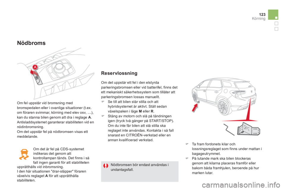 CITROEN DS5 HYBRID 2012  InstruktionsbÖcker (in Swedish) 123Körning
   
Nödbroms 
 
 
Om fel uppstår vid bromsning med
bromspedalen eller i ovanliga situationer (t.ex. 
om föraren svimmar, körning med elev osv, ....),
kan du stanna bilen genom att dra 