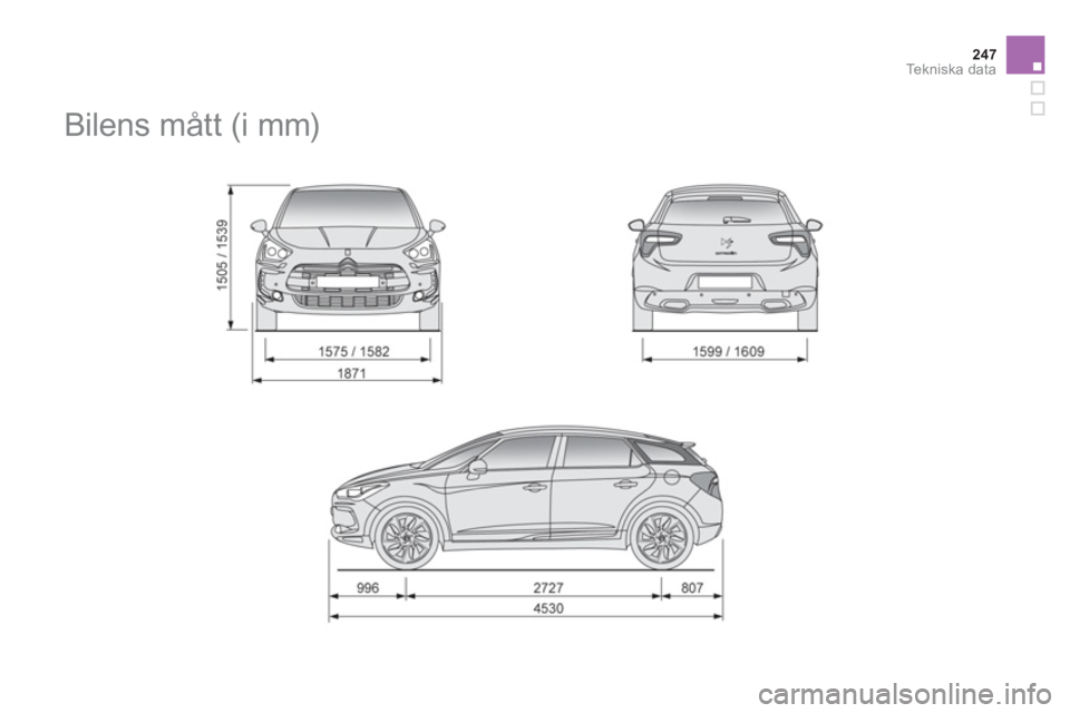 CITROEN DS5 HYBRID 2012 InstruktionsbÖcker (in Swedish) 247Te k n i s k a d a t a
Bilens mått (i mm) CITROEN DS5 HYBRID 2012 InstruktionsbÖcker (in Swedish) 247Te k n i s k a d a t a
Bilens mått (i mm)
