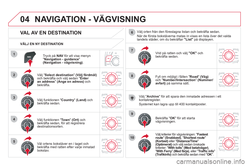 CITROEN DS5 HYBRID 2012 InstruktionsbÖcker (in Swedish) 04
1
2
3
4
5
7
9
10
8
6
Tryck på NAVför att visa menyn "Navigation - guidance
" (Navigation - vägvisning).
VÄLJ EN NY DESTINATION
NAVIGATION - VÄGVISNING
VAL AV CITROEN DS5 HYBRID 2012 InstruktionsbÖcker (in Swedish) 04
1
2
3
4
5
7
9
10
8
6
Tryck på NAVför att visa menyn "Navigation - guidance
" (Navigation - vägvisning).
VÄLJ EN NY DESTINATION
NAVIGATION - VÄGVISNING
VAL AV