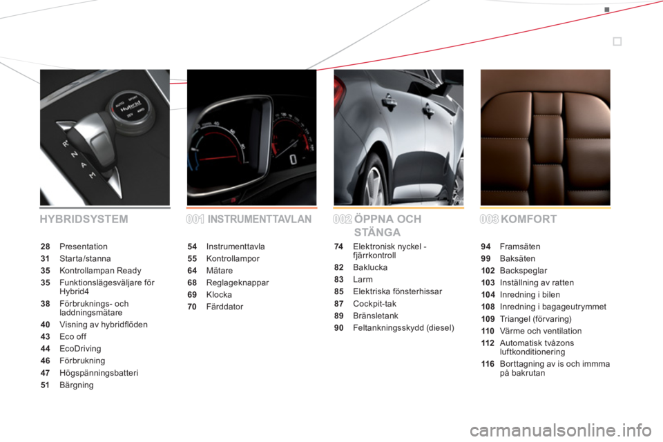 CITROEN DS5 HYBRID 2012  InstruktionsbÖcker (in Swedish) 54Instrumenttavla
55Kontrollampor
64 Mätare
68Reglageknappar
69 Klocka
70 Färddator
74 Elektronisk nyckel -fjärrkontroll
82Baklucka
83Larm
85Elektriska fönsterhissar
87Cockpit-tak
89 Bränsletank
