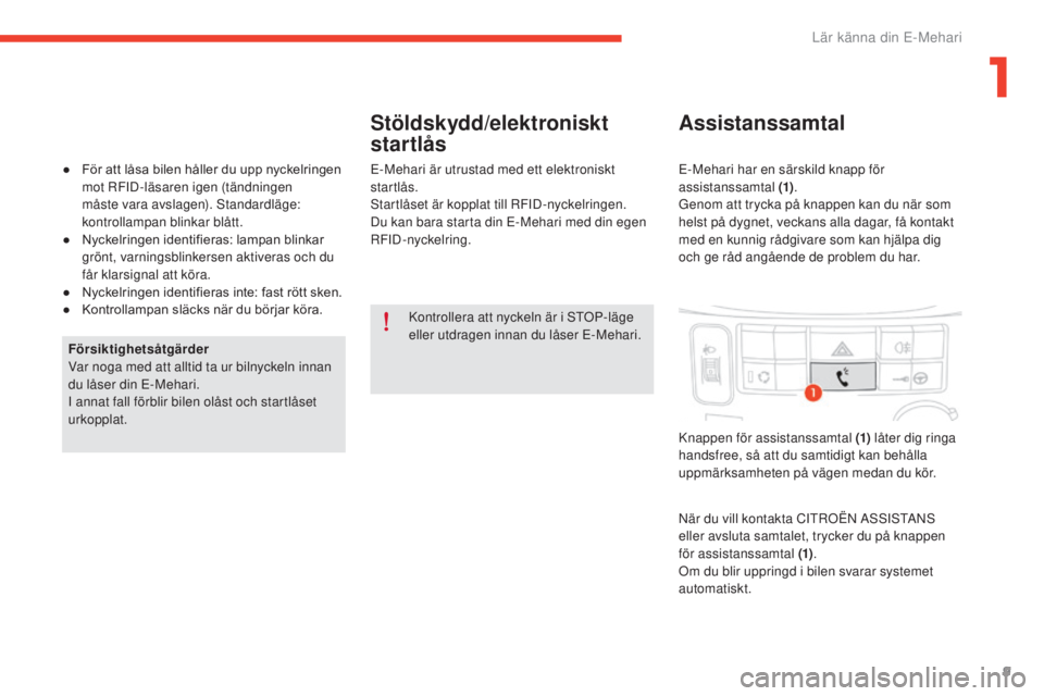 CITROEN E-MEHARI 2017 InstruktionsbÖcker (in Swedish) 9
e-mehari_sv_Chap01_faite-connaissance_ed03-2016
Kontrollera att nyckeln är i STOP-läge
eller utdragen innan du låser E-Mehari.
Försiktighetsåtgärder
Var noga med att alltid ta ur bilnyckeln i CITROEN E-MEHARI 2017 InstruktionsbÖcker (in Swedish) 9
e-mehari_sv_Chap01_faite-connaissance_ed03-2016
Kontrollera att nyckeln är i STOP-läge
eller utdragen innan du låser E-Mehari.
Försiktighetsåtgärder
Var noga med att alltid ta ur bilnyckeln i